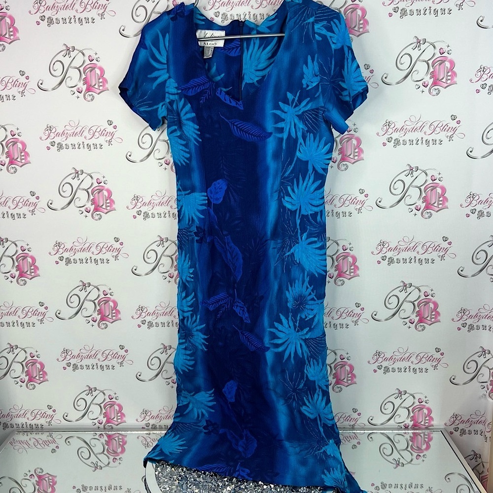 A-line by algo dress crinkle fabric Vibrant shiny leafs tropic Blue Floral Dress